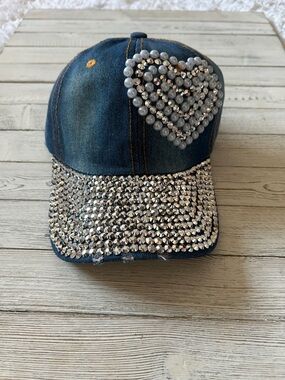 Denim Baseball Cap with Crystal Heart and Bling Visor